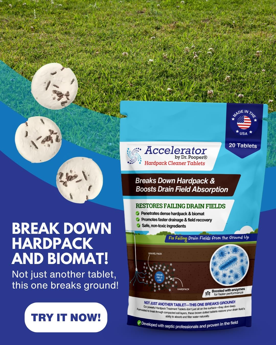 Hardpack Septic Cleaner Tablets 20ct – Boosts Drain Field Absorption & Breakdown