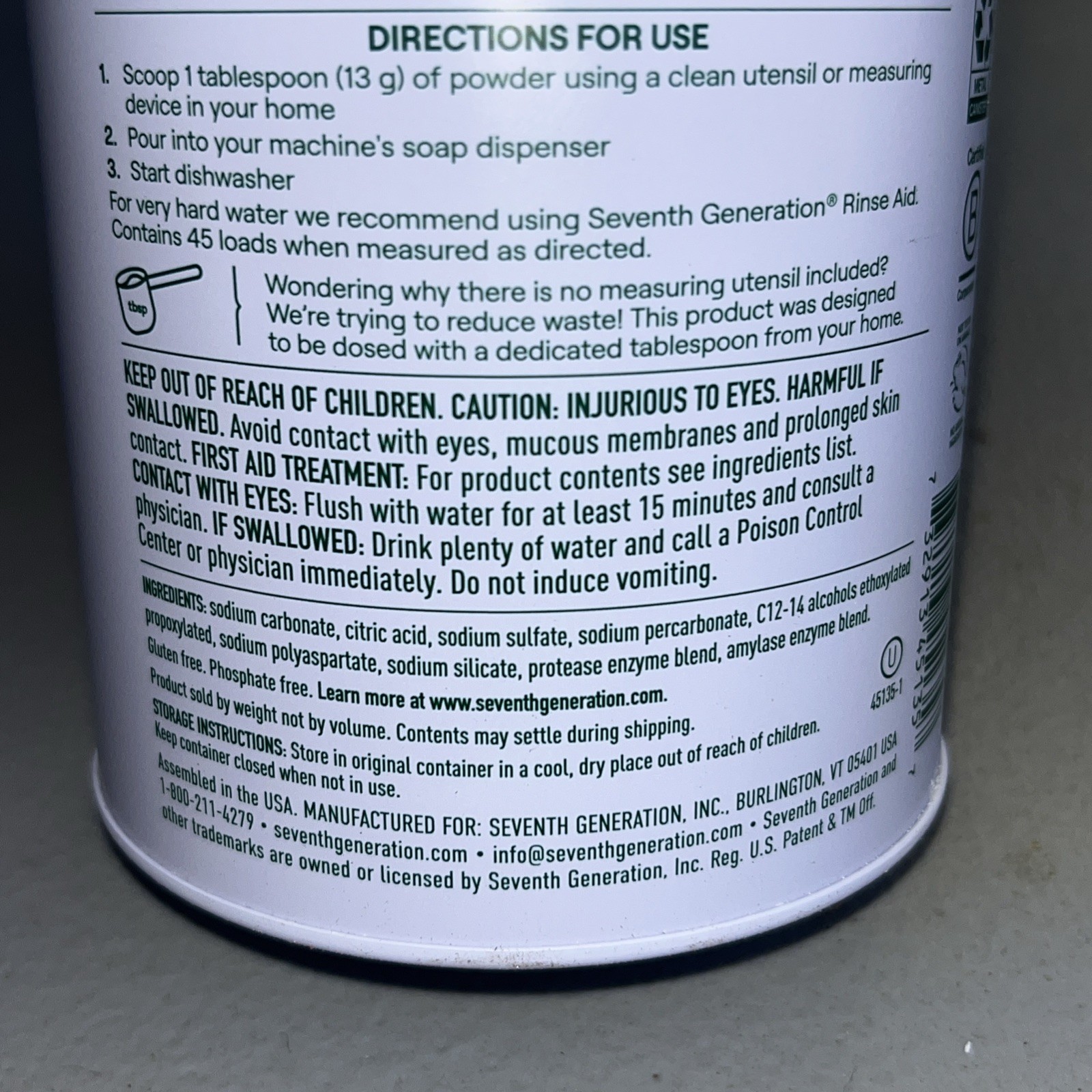 Seventh Generation Dishwasher Detergent Powder, Free & Clear, 45 Oz