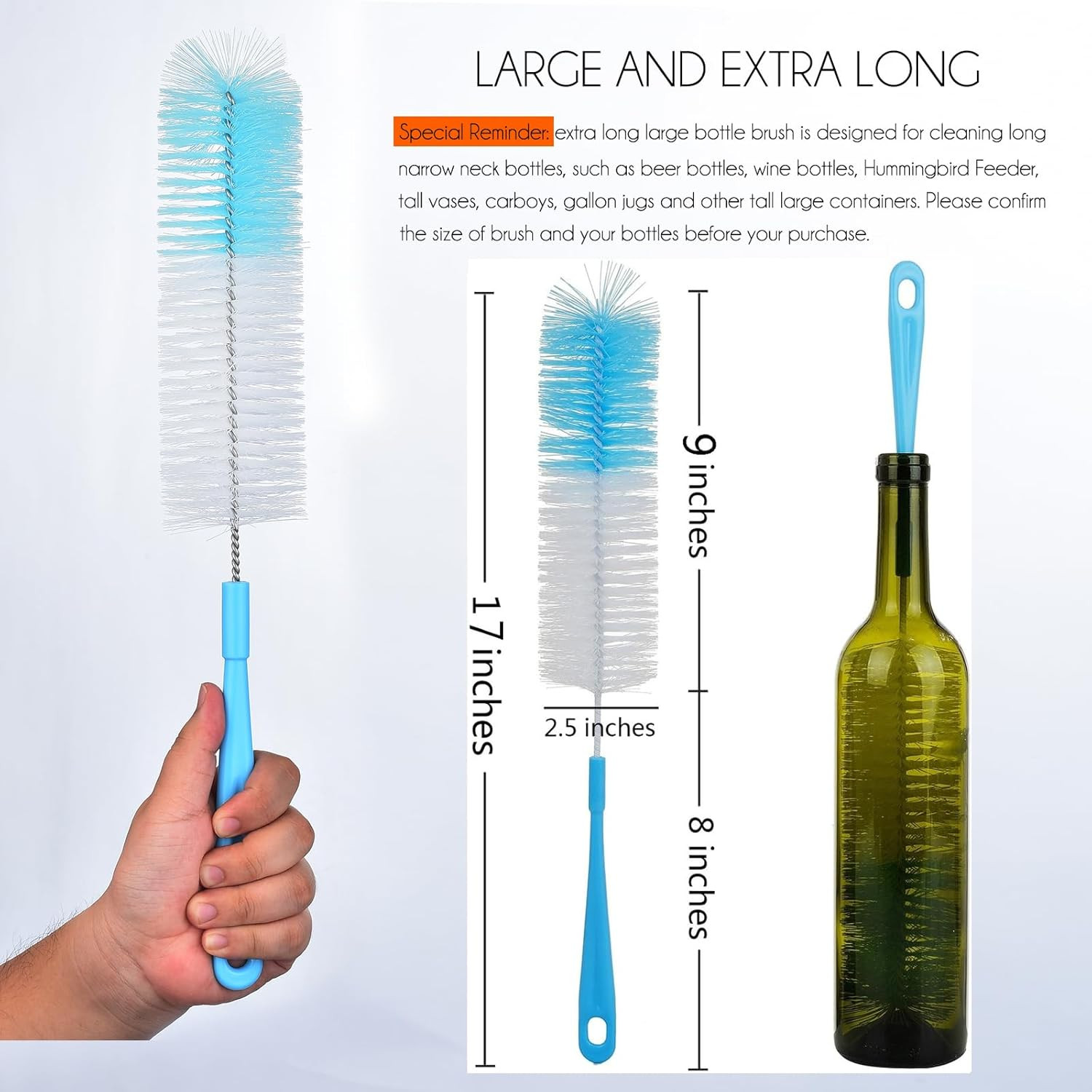 3-Pack 16″ Long Bottle Cleaning Brushes Narrow Neck Beer Wine Thermos (64 chars)