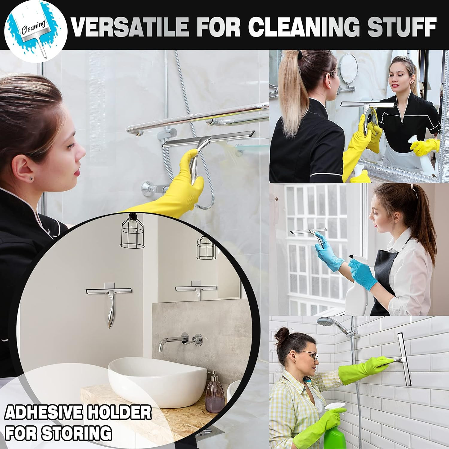 Shower Squeegee, 10-Inch Silver Squeegee, All-Purpose Stainless Steel Squeegee f