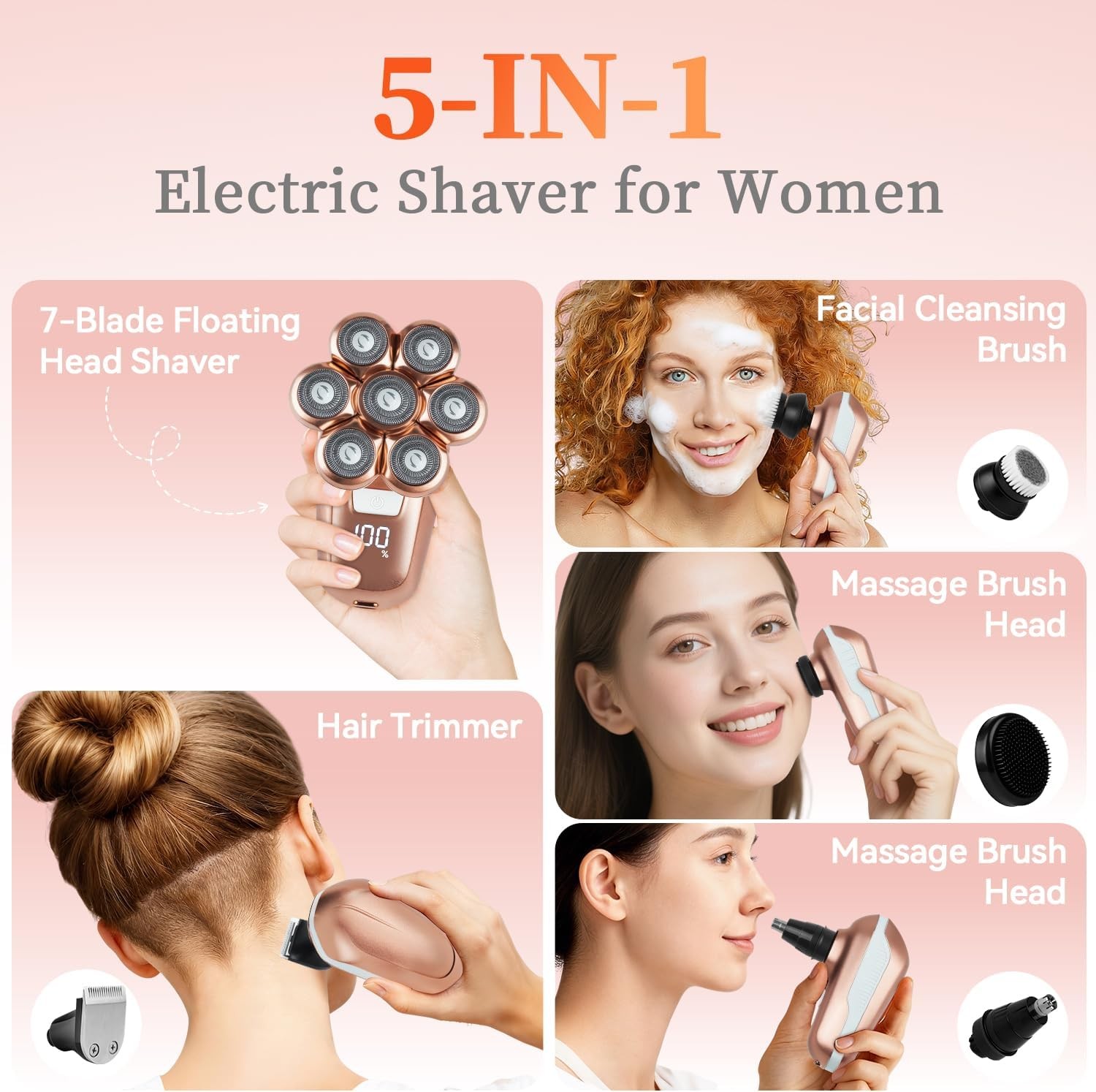 Electric Razors for Women, 5-in-1 Electric Shaver with 7D Magnetic Head, IPX7