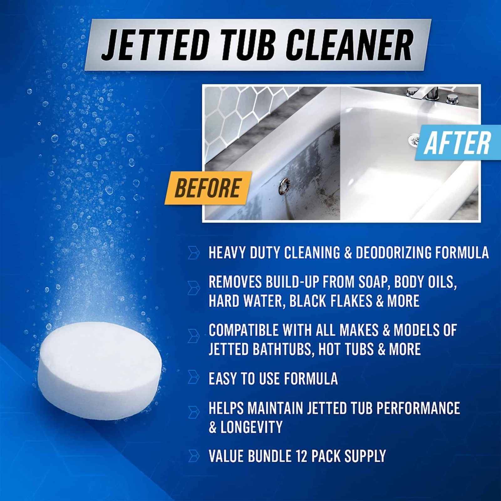12 Jetted Tub Cleaning Tablets – Septic Safe, Jet Scale Remover for Whirlpool &