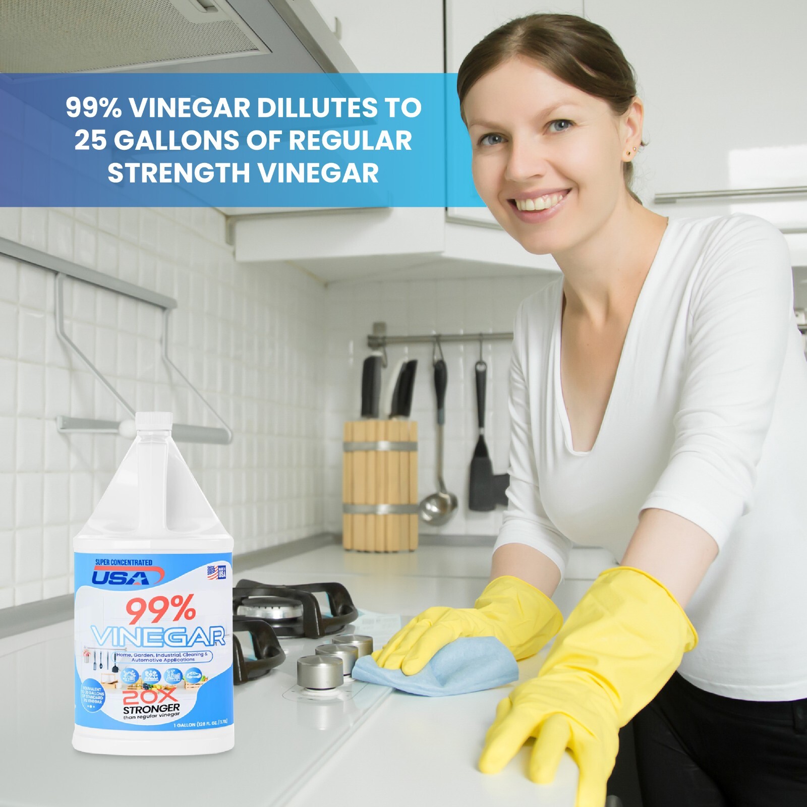 Super Concentrated USA 99% Pure Vinegar – Dilutes to 20 Gallons – 20x Power