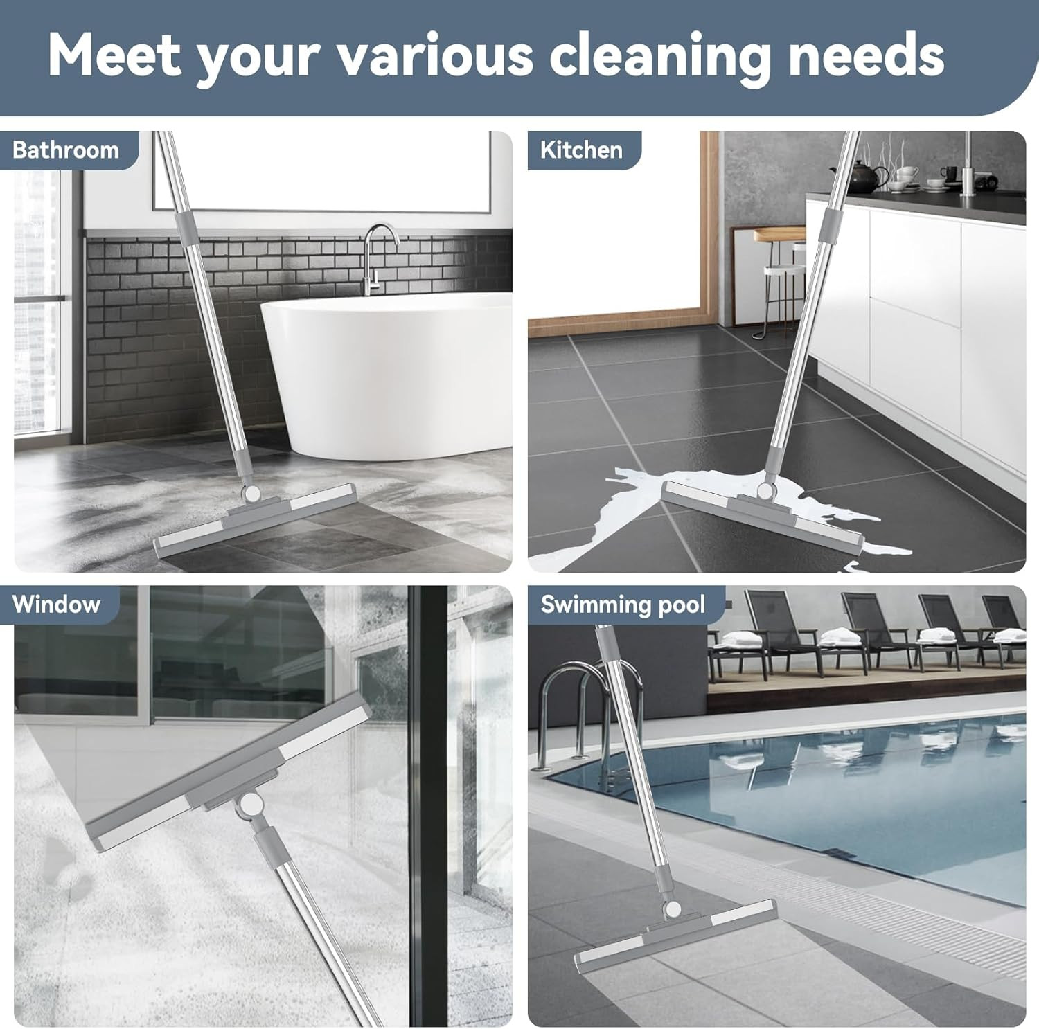 Floor Squeegee with 180° Rotating Head, Squeegee for Floor with 52” Long Handle