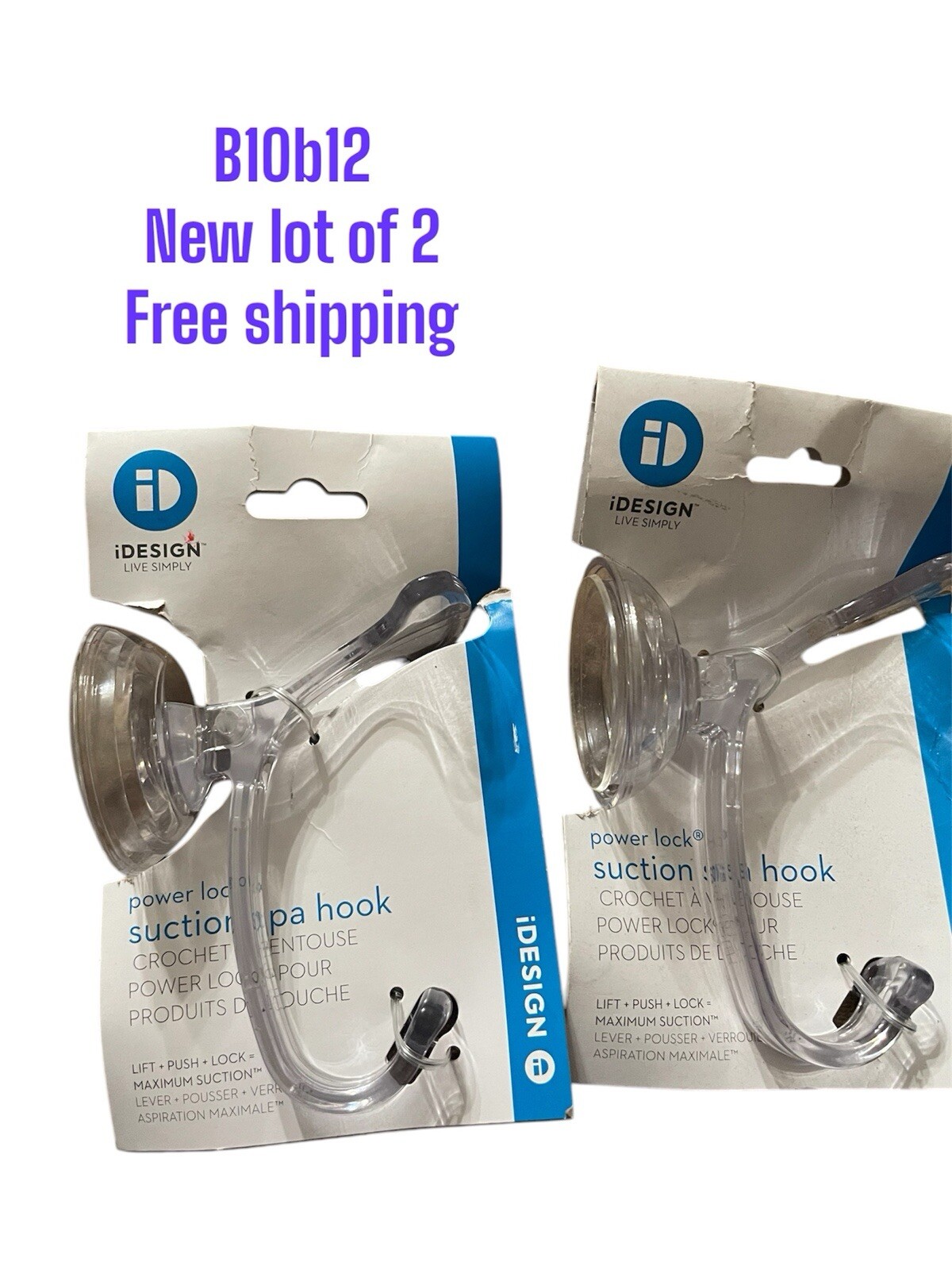 2pk InterDesign Power Lock Suction Attach Bathroom Spa Hook Towel Hanger Clear