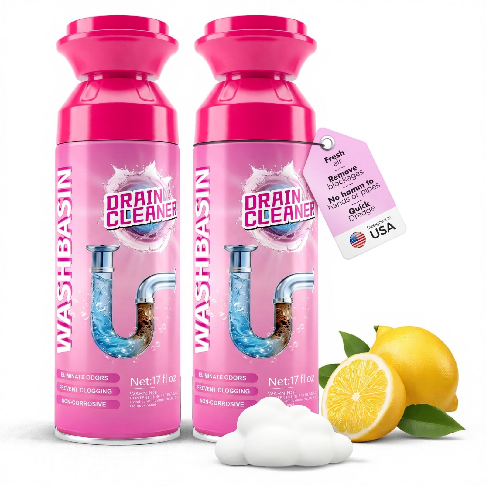 Powerful Foaming Drain Cleaner – Fast Clog Removal, Hair & Odor Eliminator (2 Pc