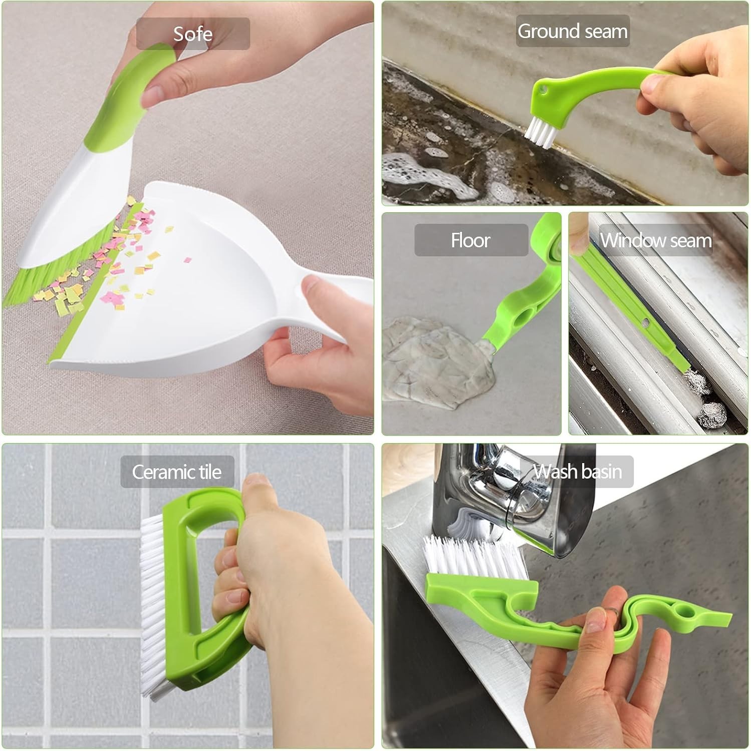 Green Hand-held Grout Brushes Dustpan Set 5 Pack for Gap Cleaning –