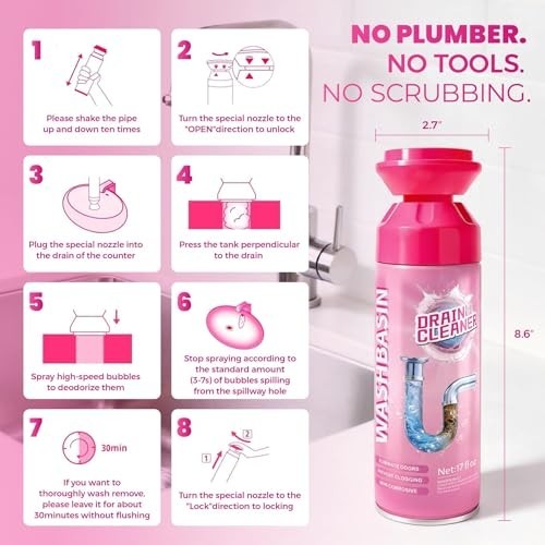 Powerful Foaming Drain Cleaner – Fast Clog Removal, Hair & Odor Eliminator (2 Pc