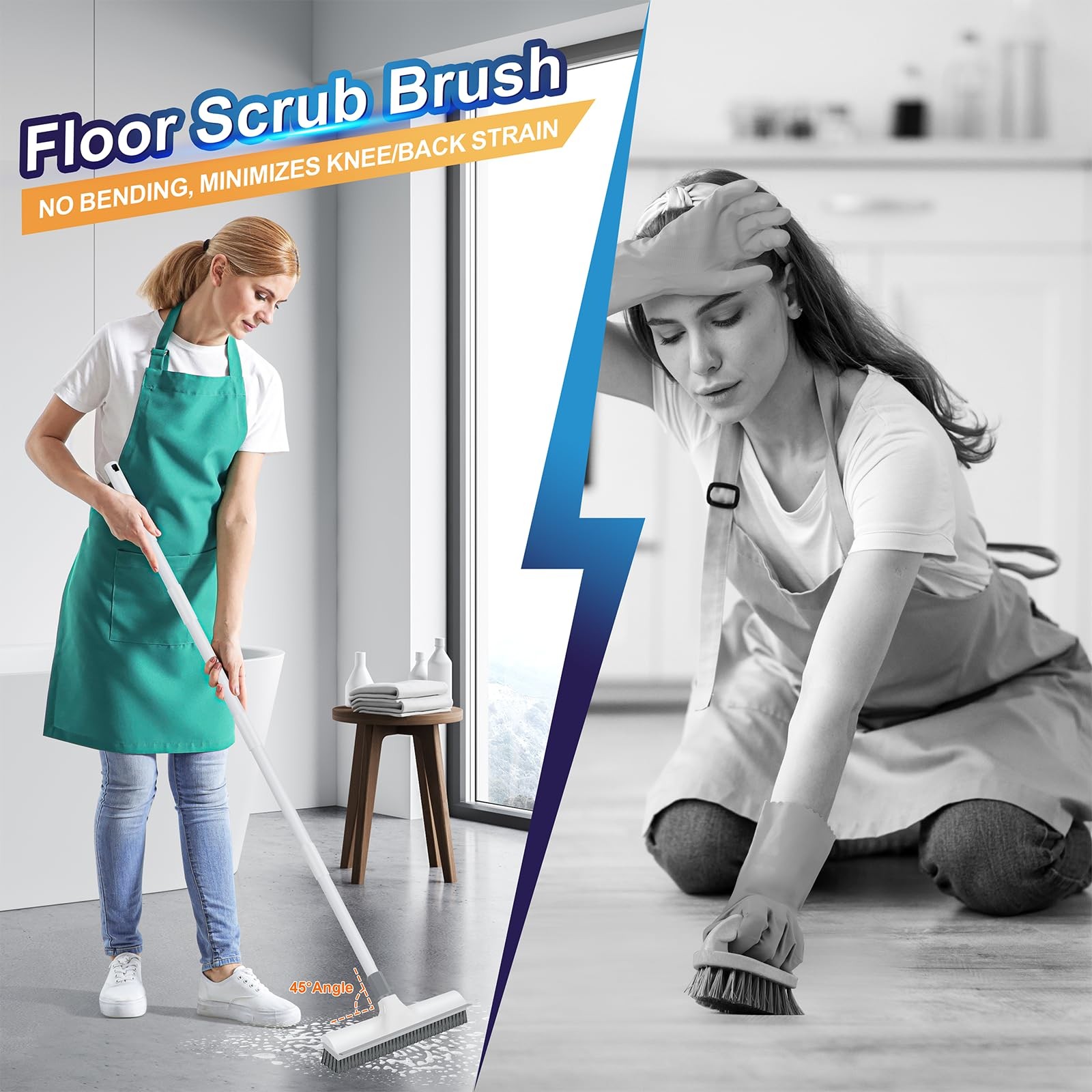 60 inch Long Handle Floor Scrub Brush, 2 in 1 Heavy Duty Hard Bristle Deck Sc…