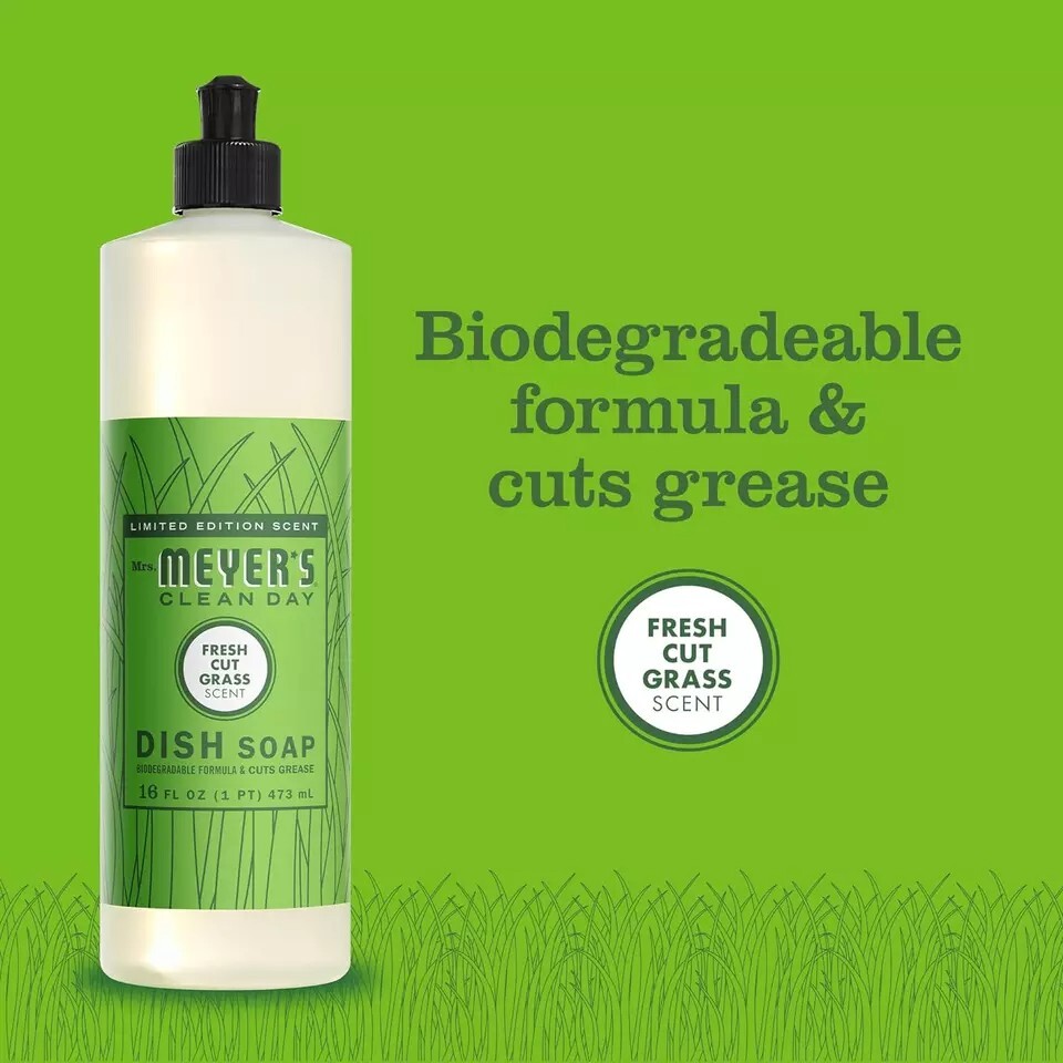 Mrs. Meyer’s Clean Day Liquid Dish Soap, Fresh Cut Grass Scent, 16 Ounce Bottle