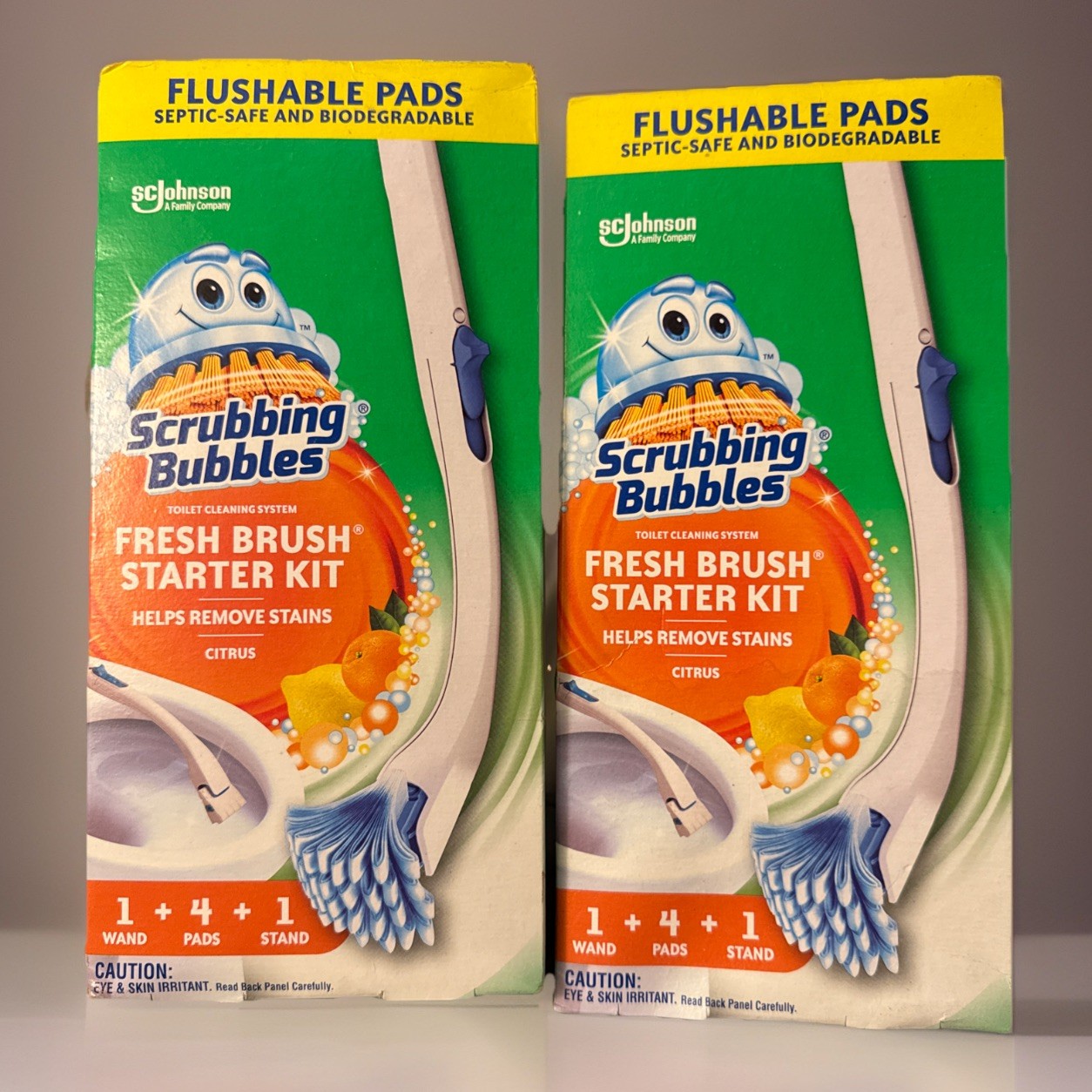 (2) Scrubbing Bubbles Starter Toilet Bowl Brush & Holder w/ Cleaner Refill Pads