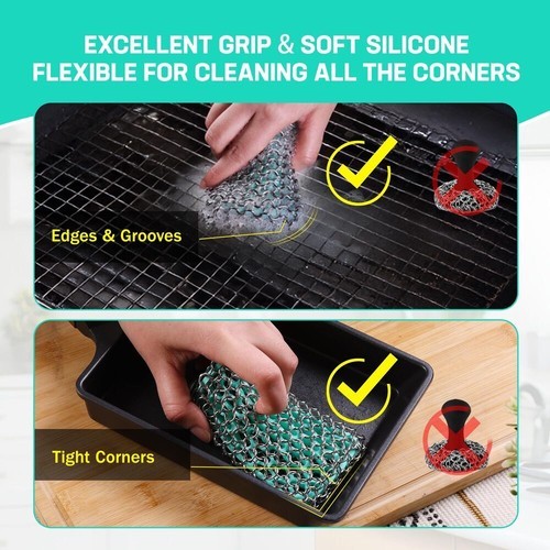 HAUSHOF Cast Iron Scrubber Chainmail Scrubber w/ Silicone Core Cast Iron Cleaner