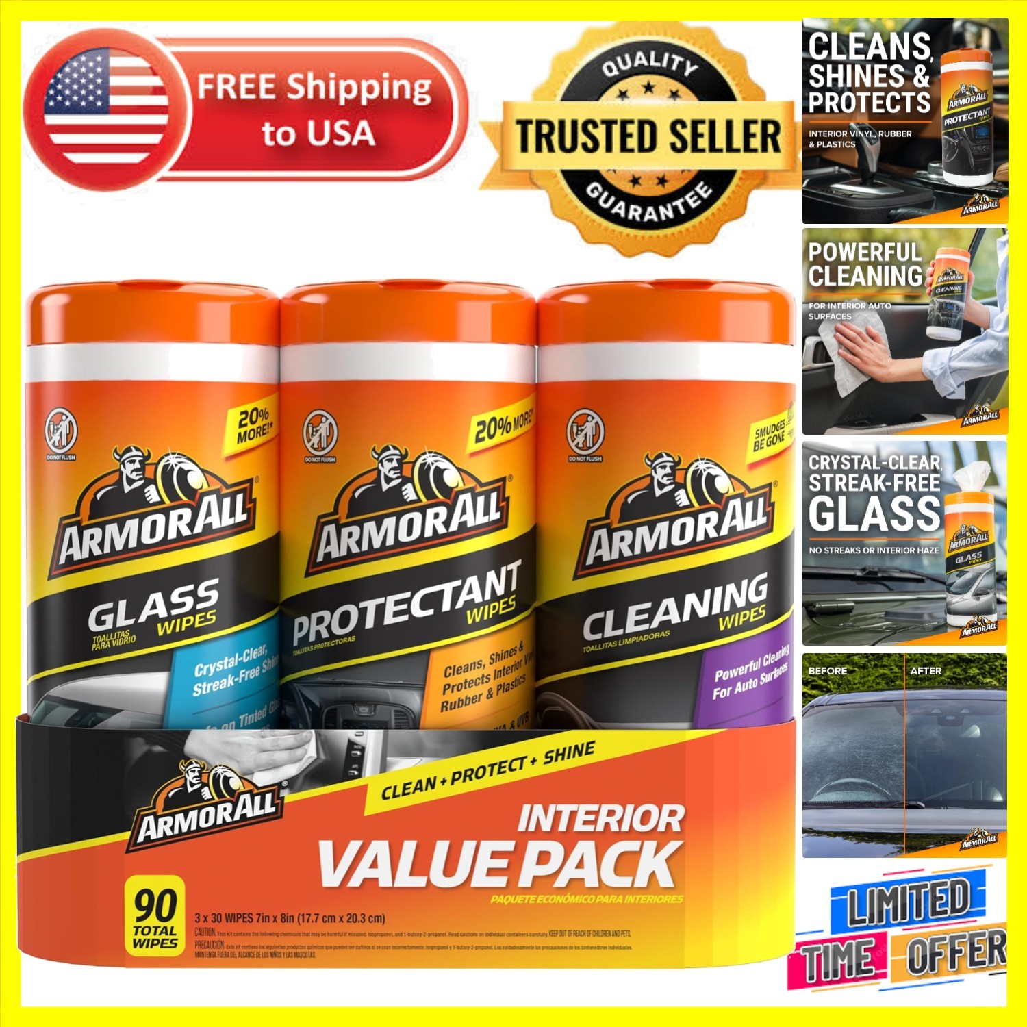 Ultimate Auto Care Wipe Combo: Glass, Protectant, and Cleaning Wipes – 90 Count