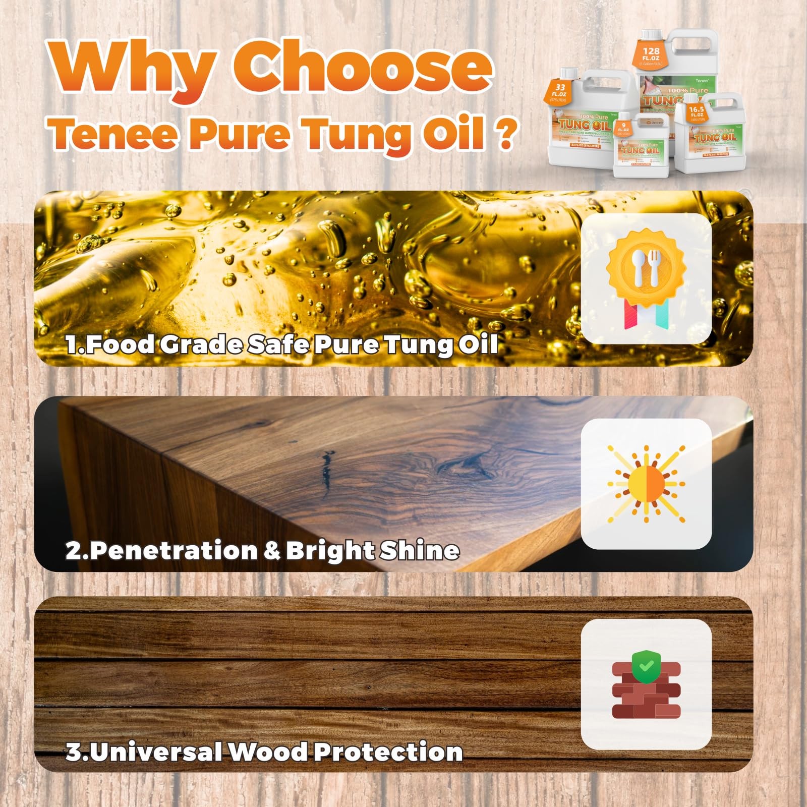 2 Pack 33oz Pure Tung Oil Waterproof Wood Sealer Finish Food Grade Strengthens