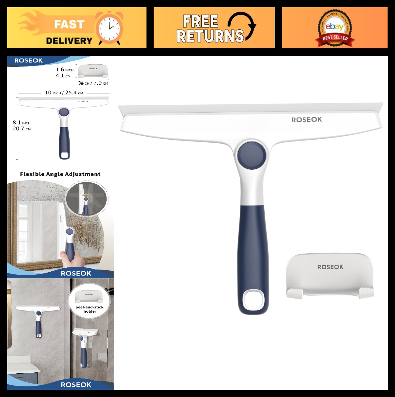 10-Inch Silicone Shower Squeegee with Pivoting Head & Adhesive Hook – Navy Blue
