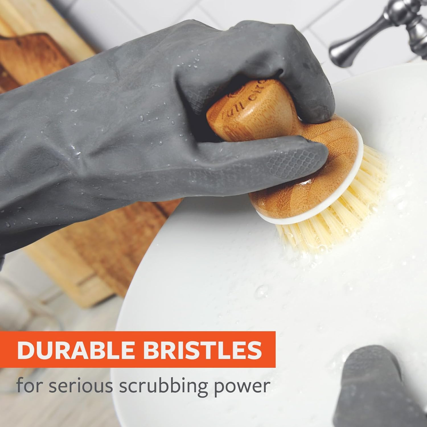Bubble up Bamboo Dish Brush – Ergonomic Palm Scrubber with Handle for Kitchen Cl