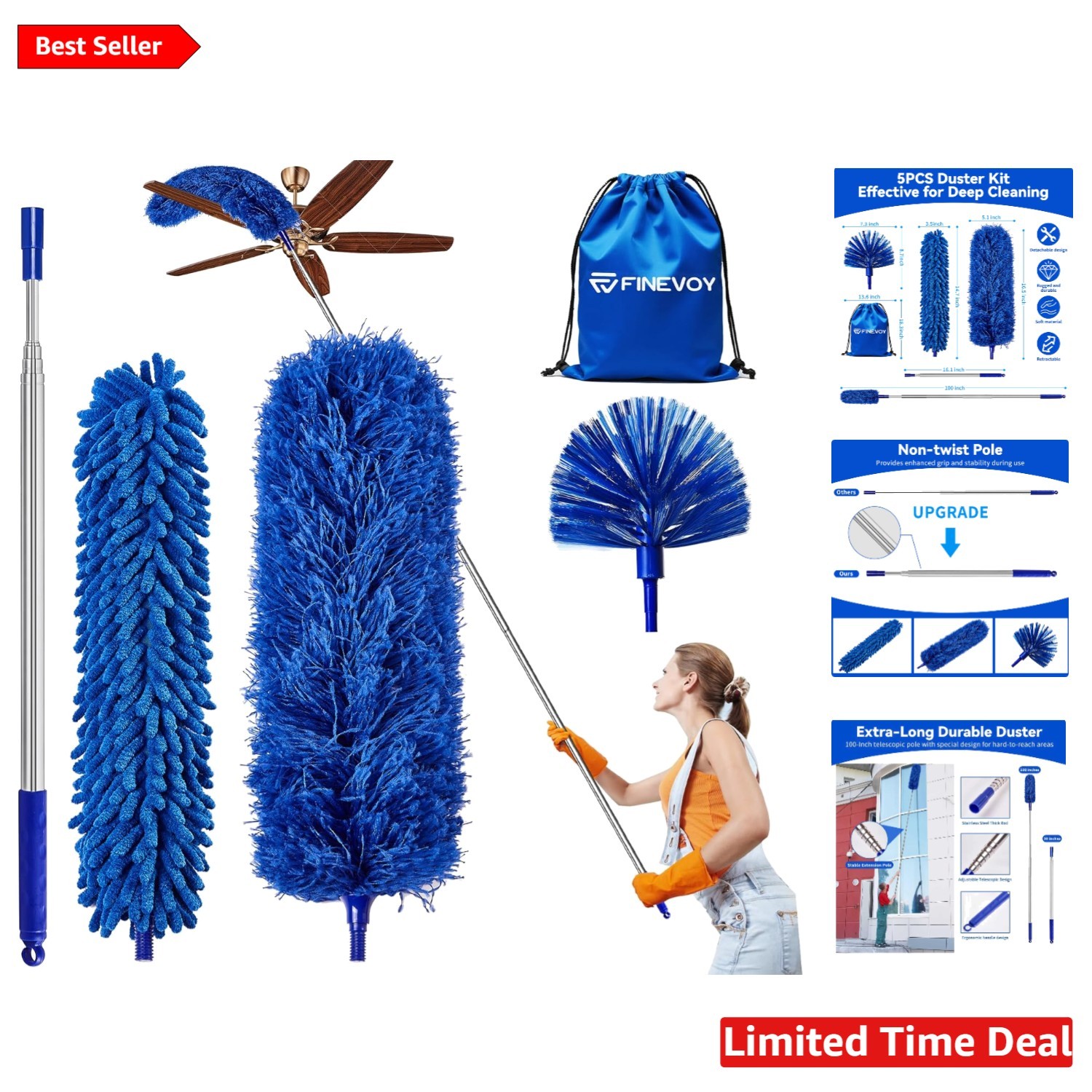 Long-Handled Dusting Set – 5 PCS Microfiber Kit for Furniture & High Ceilings