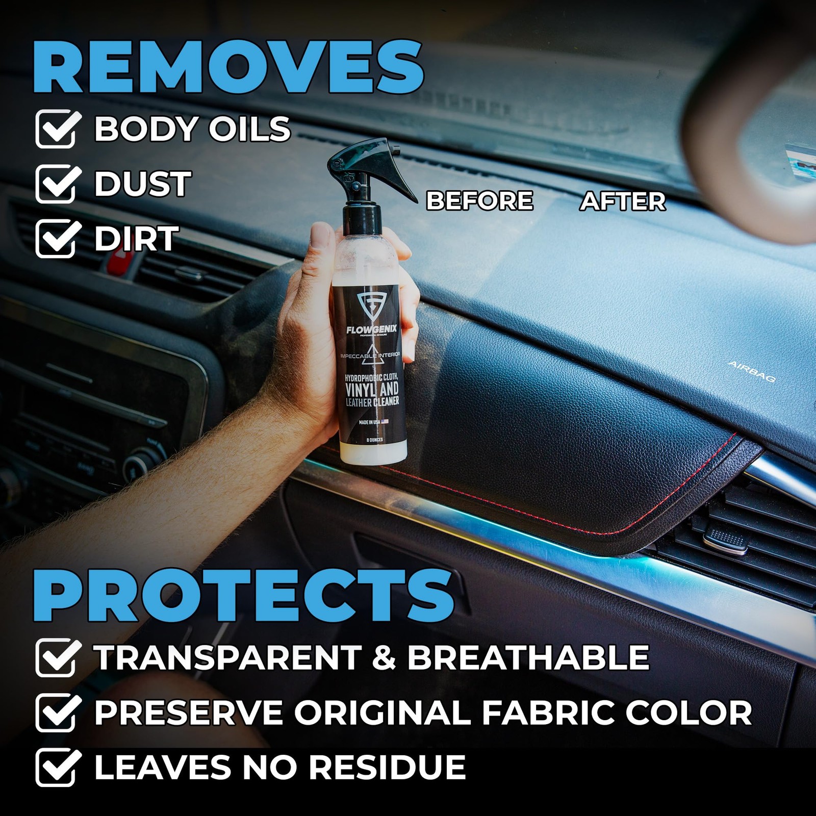 Leather Interior Car Cleaner & Detailer (8oz) – Hydrophobic Textile, Nylon, C…