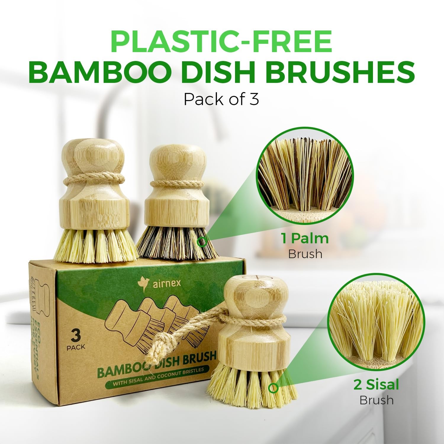 Bamboo Dish Brush Set of 3 – Natural Wooden Dish Scrubber w/Medium Stiff Sisa…