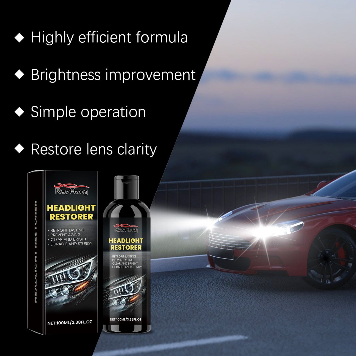 Car Headlight Restoration Kit, Scratch & Oxidation Remover, Lens Cleaner Polish