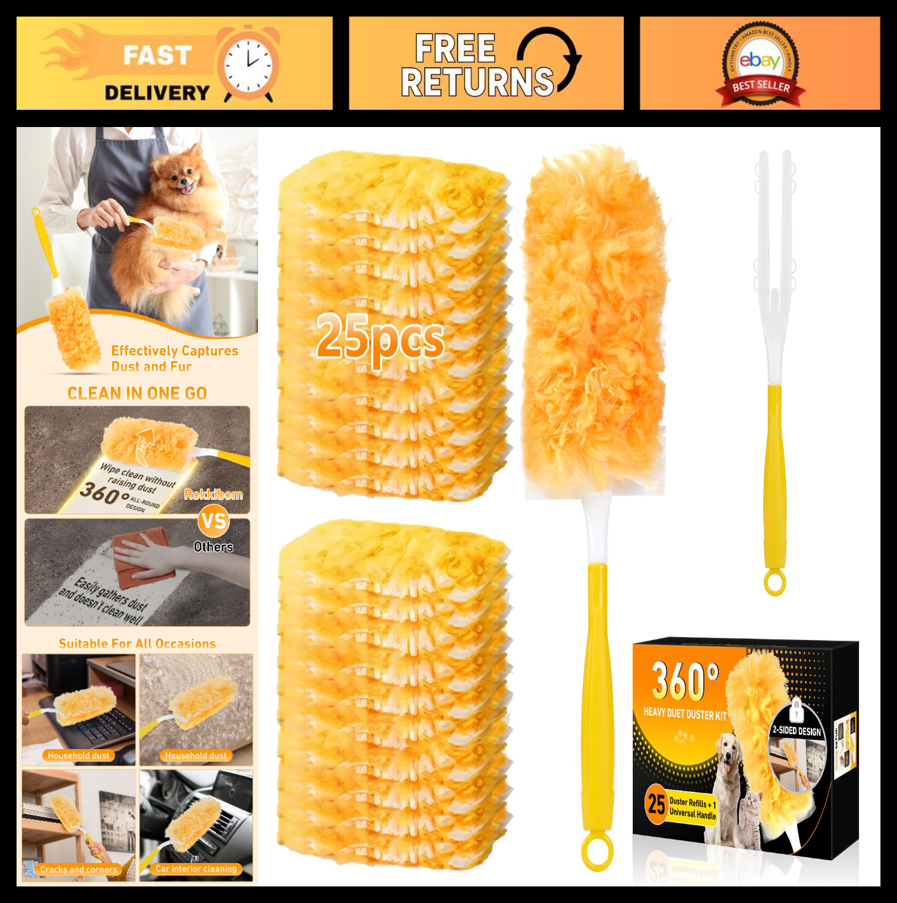 360° Multi-Surface Duster Refills Kit, 25 Pack + Handle, 4X Cleaning Power for H