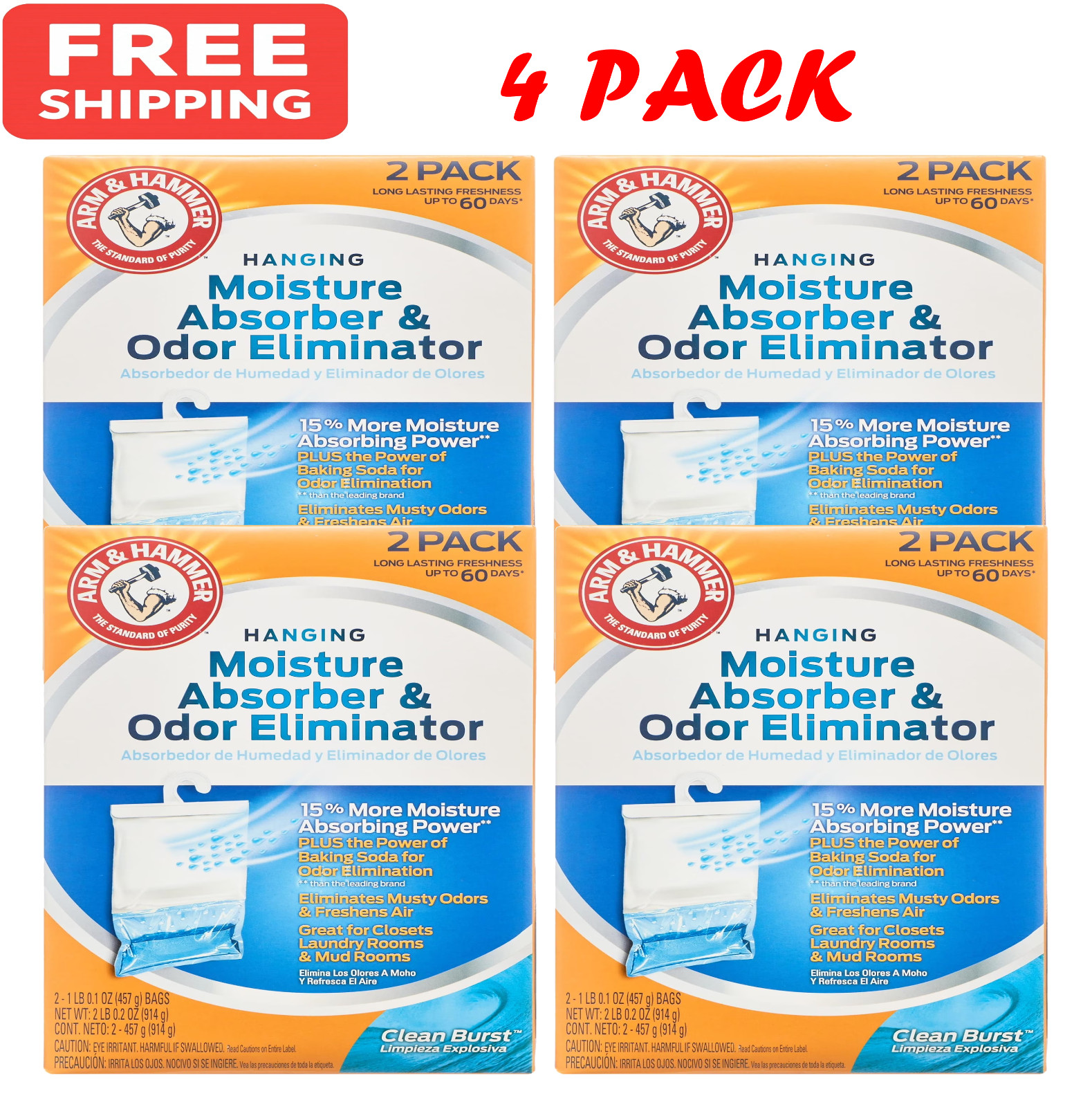 (4 pack) Arm & Hammer Moisture Absorber Hanging Bag – 16 oz, 2 pack, Clean Burst