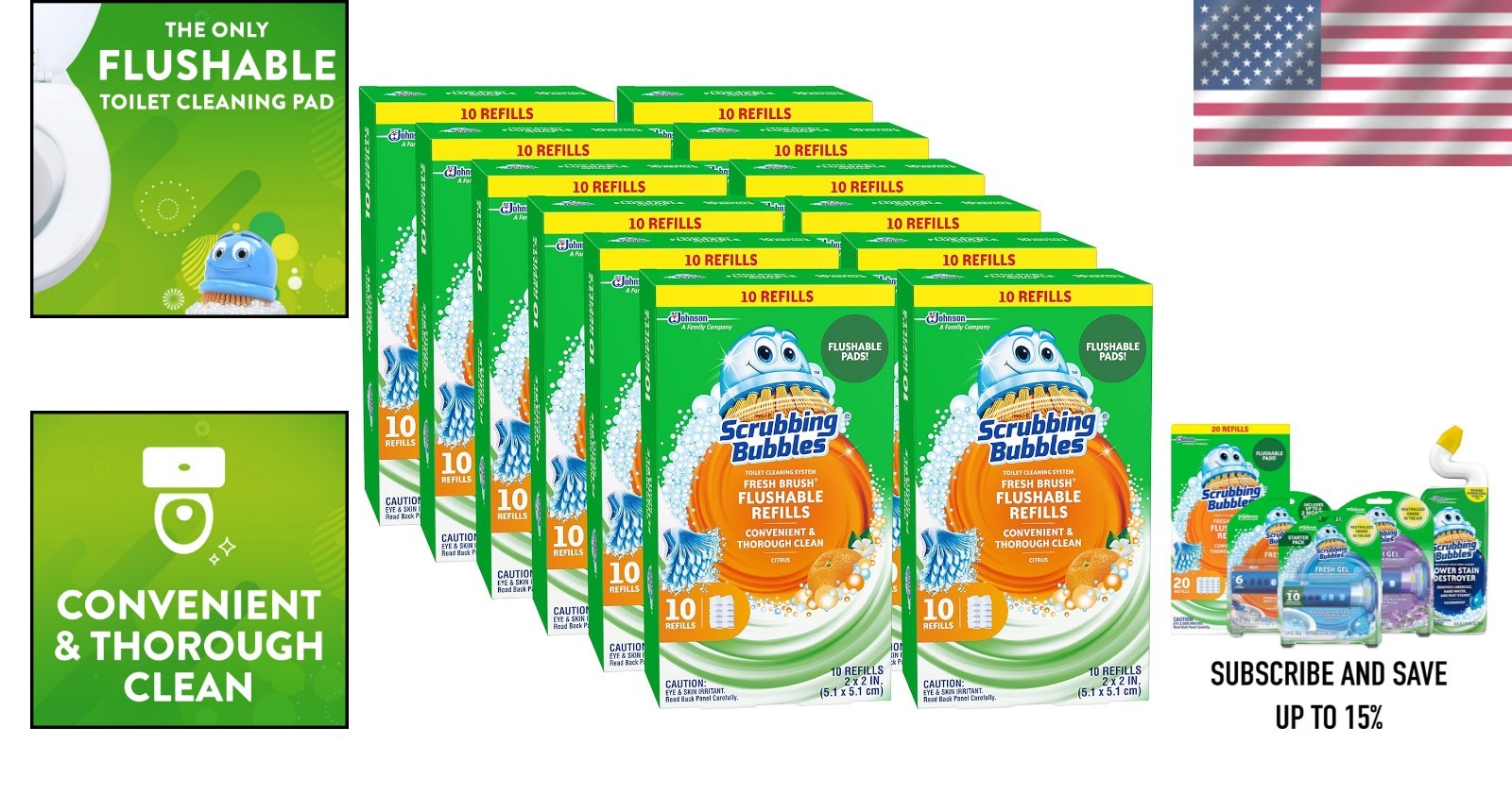 Fresh Brush Flushable Toilet Pad Refills – Citrus Freshness, 10 Count Pack of 12