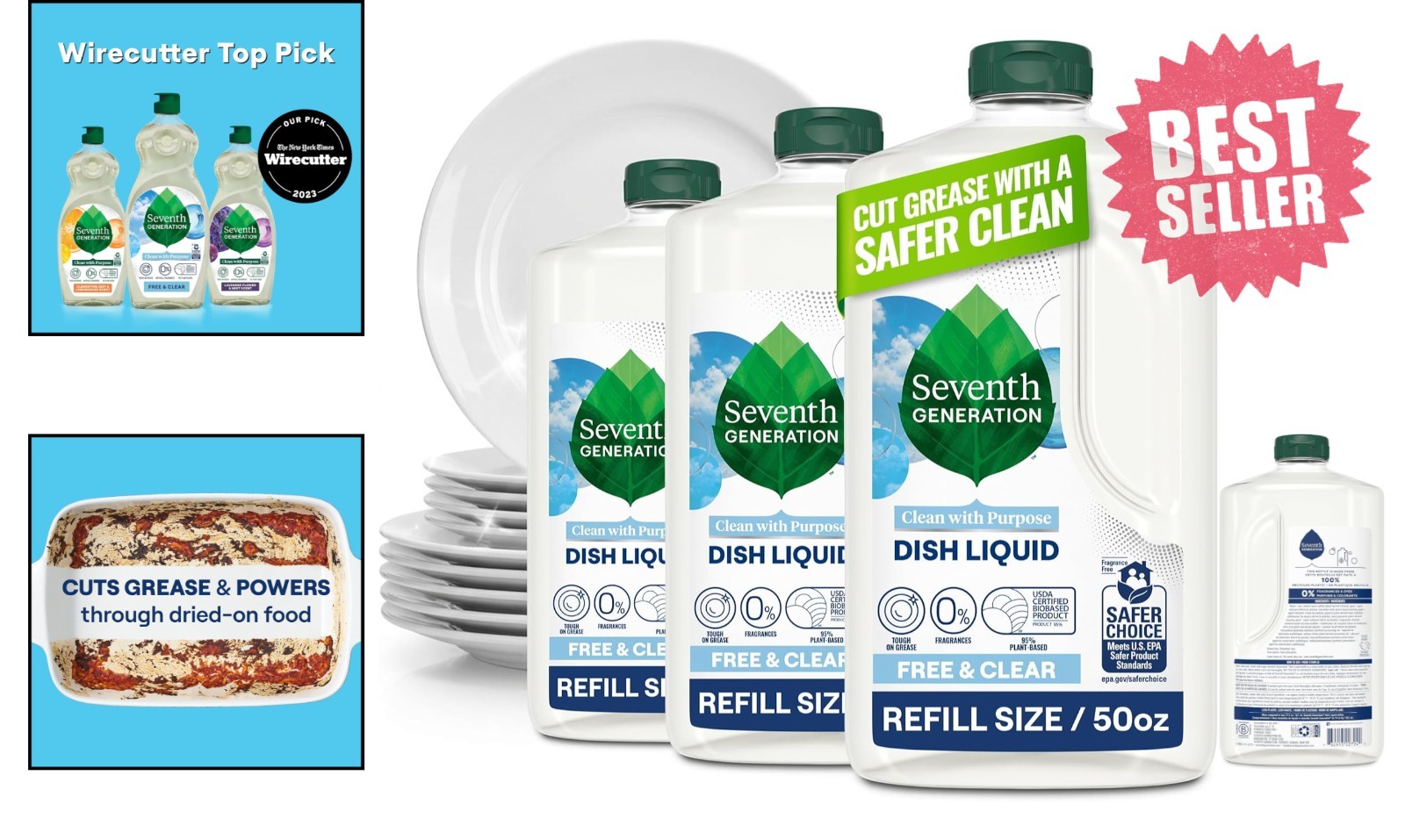 Seventh Generation Dish Soap Refill, Free & Clear, 50 fl oz, 3 Pack, Free Ship