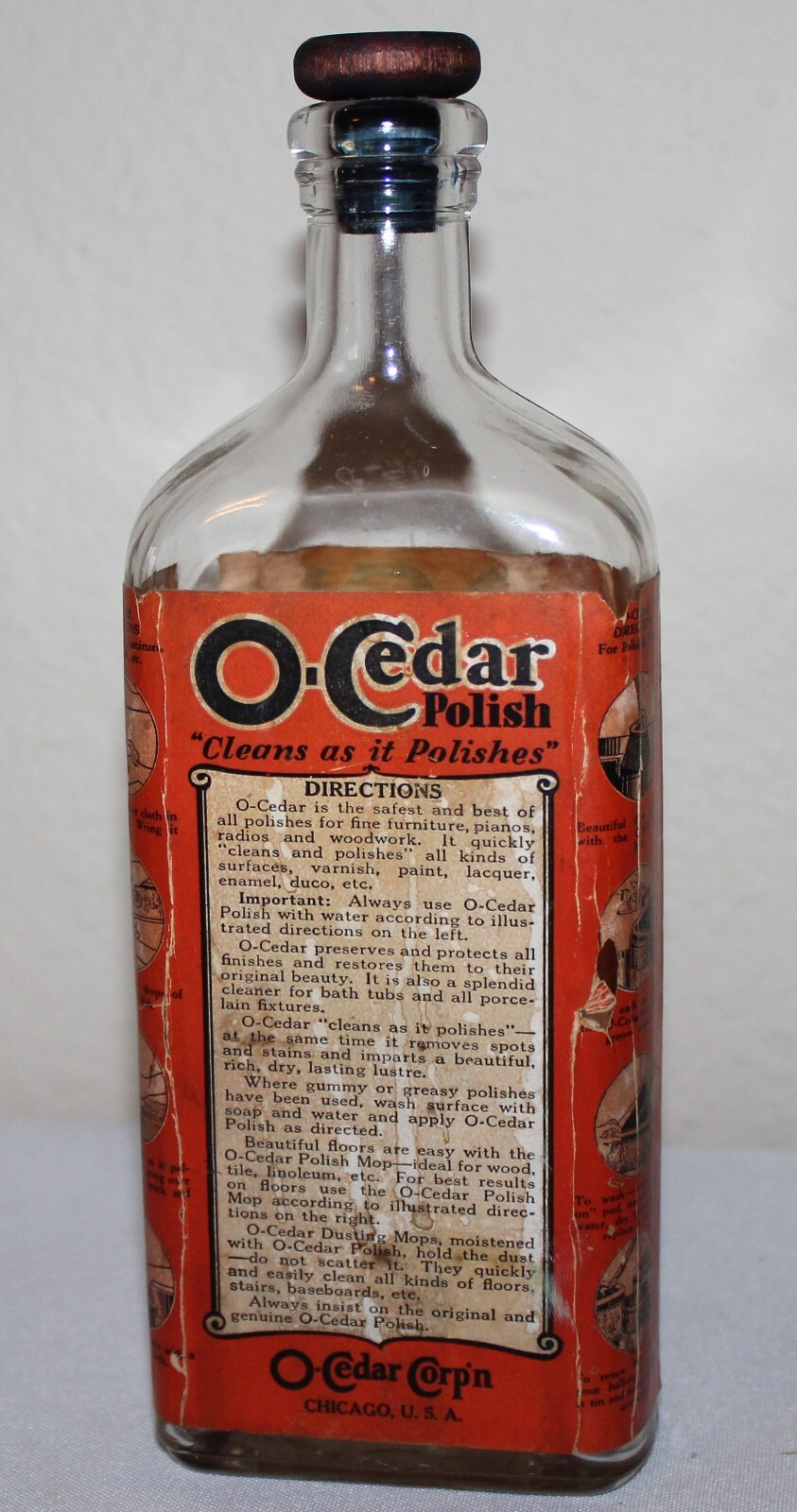 Antique O-CEDAR Polish Glass Bottle Paper Lable Wood Stopper Cap Advertising