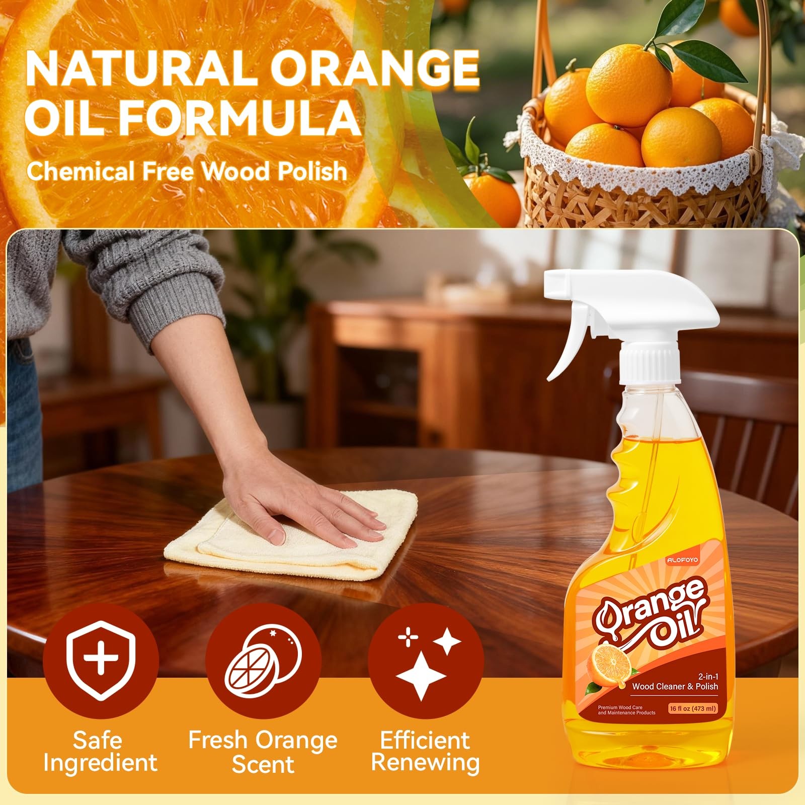 Natural Orange Oil Wood Cleaner Polish Spray – 2-Pack, 32oz Total