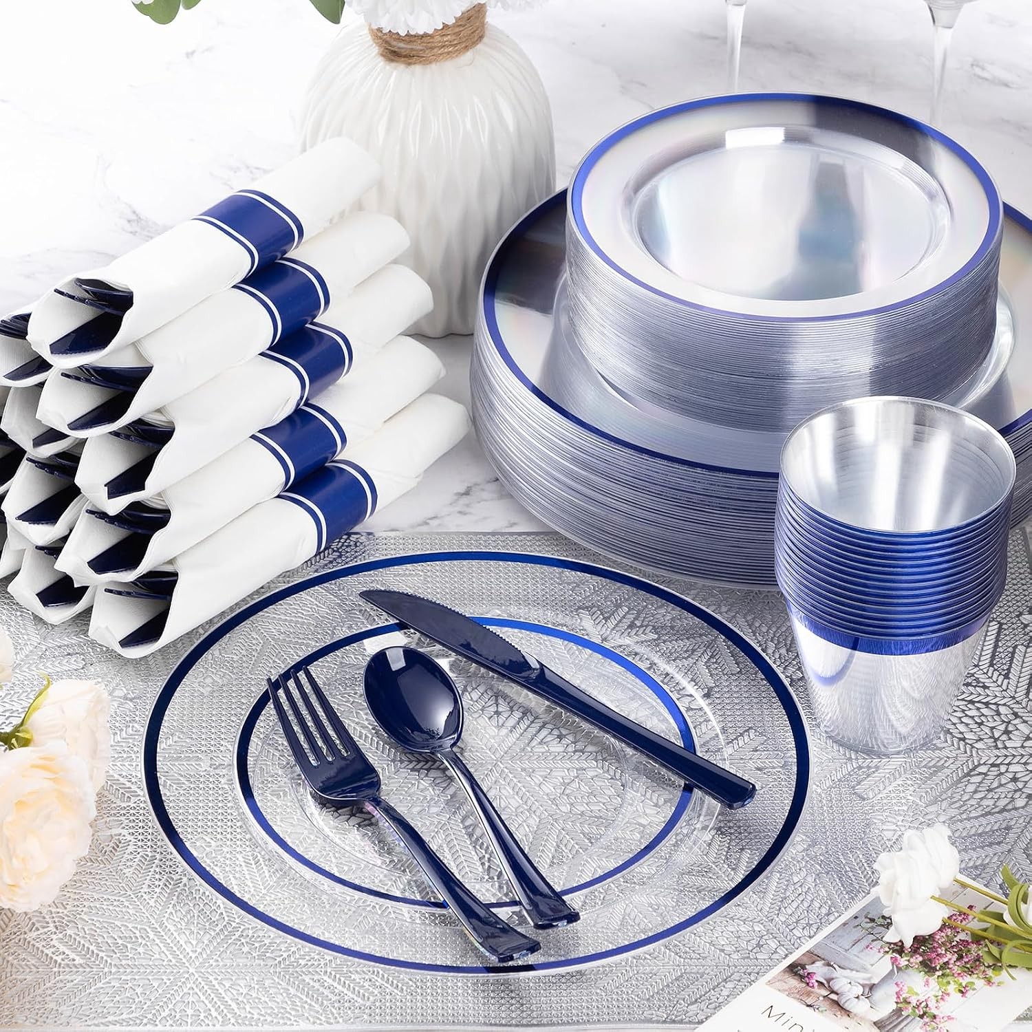 Goodluck 350 Piece Dark Blue Plastic Dinnerware Set for Party, Clear Disposabl
