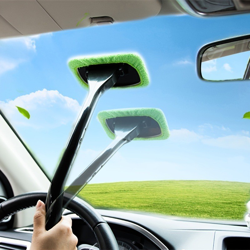 Car Windshield Cleaning Tool – 2 Reusable Microfiber Pads & 1 Flexible Handle