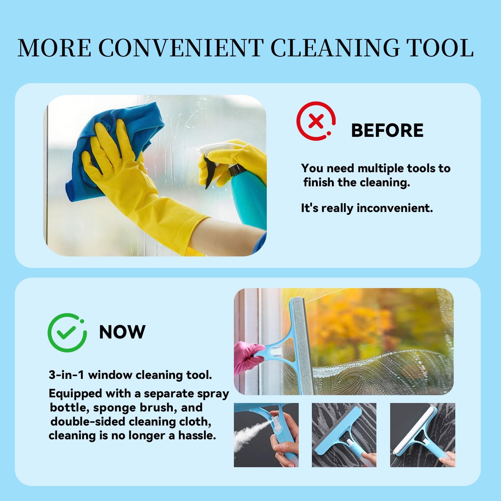 3-in-1 Spray Scraper Multi-Purpose for Shower Doors, Screens, Mirrors, Windows