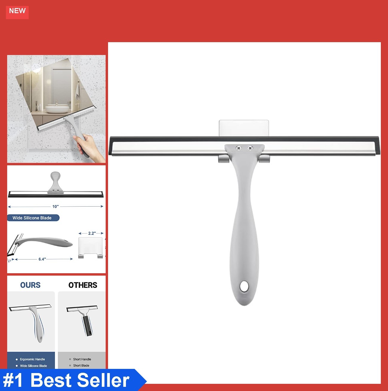 Squeegee for Shower Glass 10 Inch Silicone Blade with Adhesive Hook Window