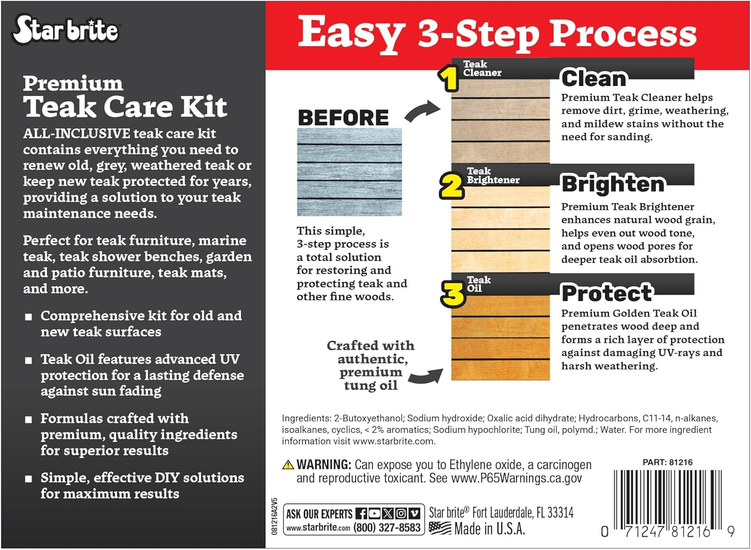 Teak Care 3 Step Kit – Teak Cleaner + Teak Brightener + Teak Oil – 16 OZ (081216