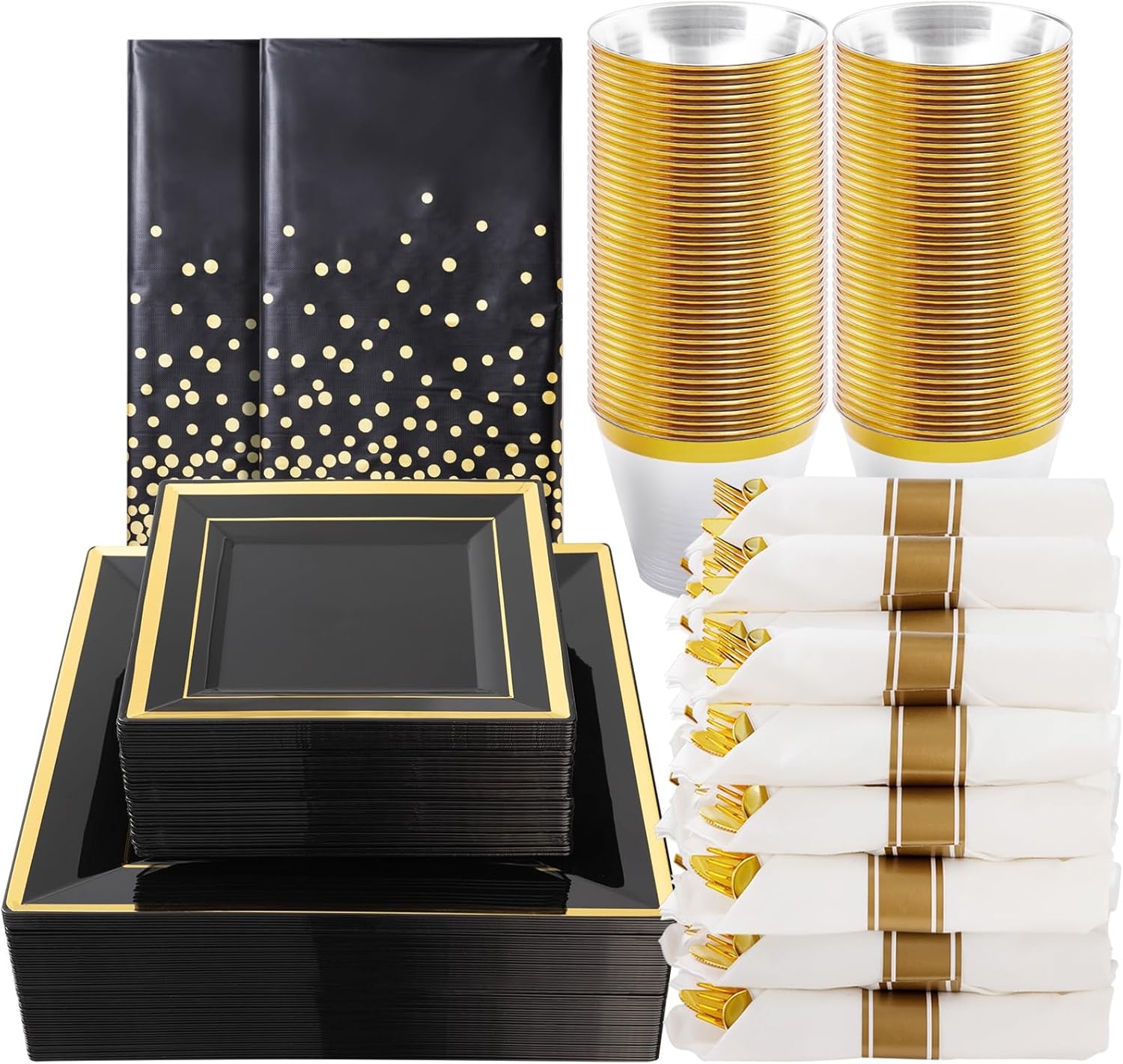 Goodluck 352 Pieces Black Dinnerware Set for 50 Guests, Black Square Plastic P