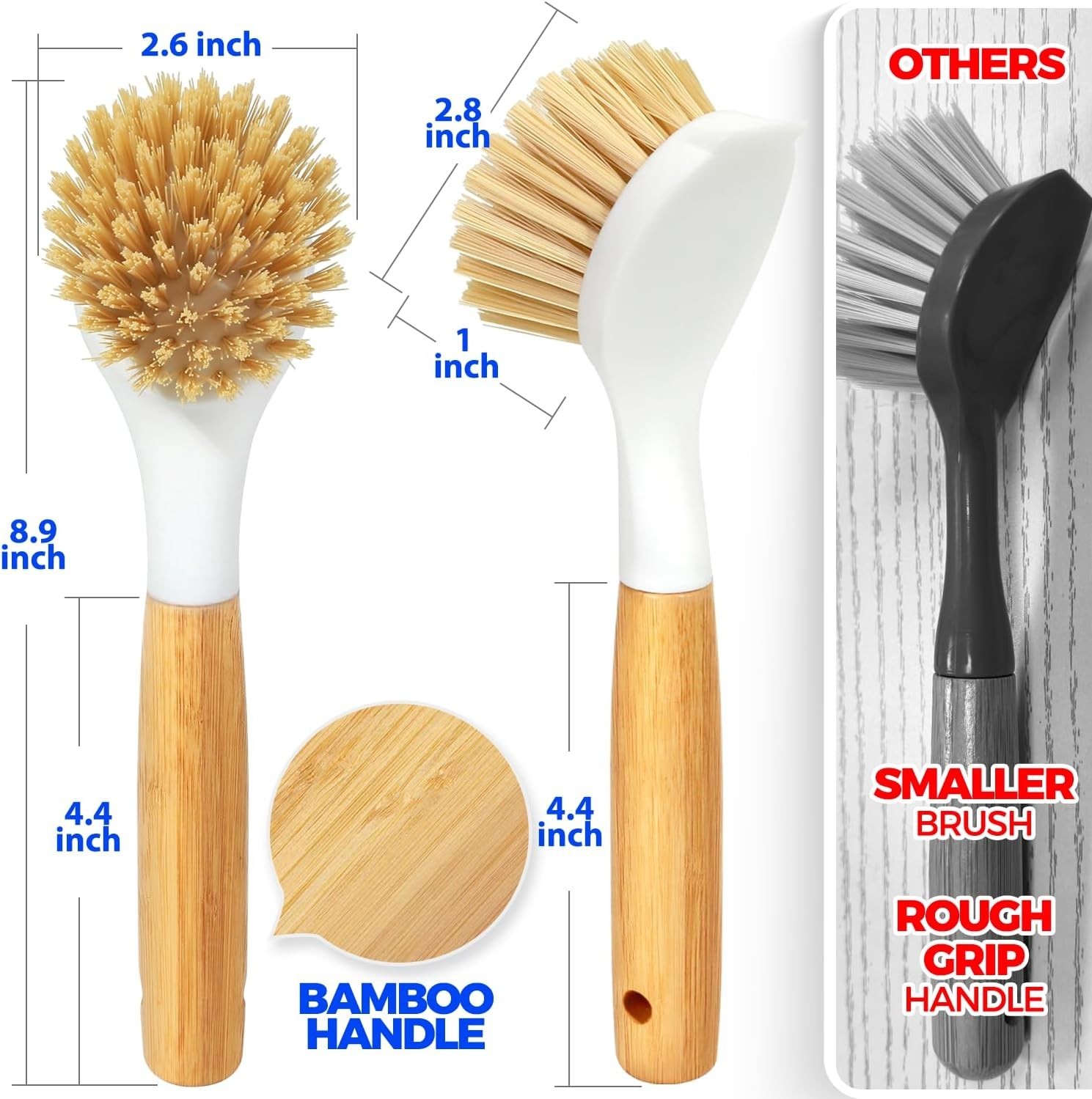 3 Pack Dish Brush Set with Bamboo Handle, Kitchen Brushes for Cleaning Pot, Sink