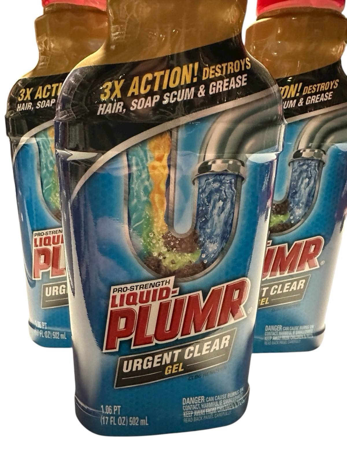 3 x Liquid-Plumr Industrial Strength Urgent Clear, Liquid Drain Cleaner, 17 Oz
