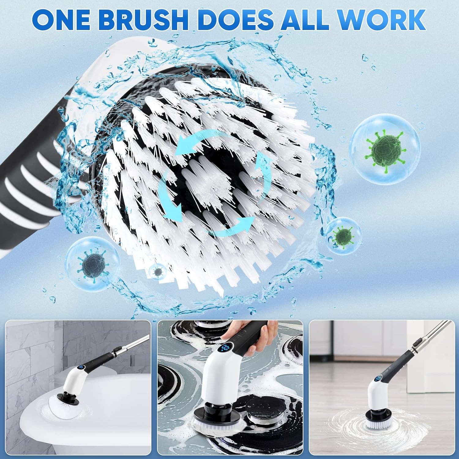 Cordless Electric Spin Scrubber 8 Brush Heads Bathroom Cleaner