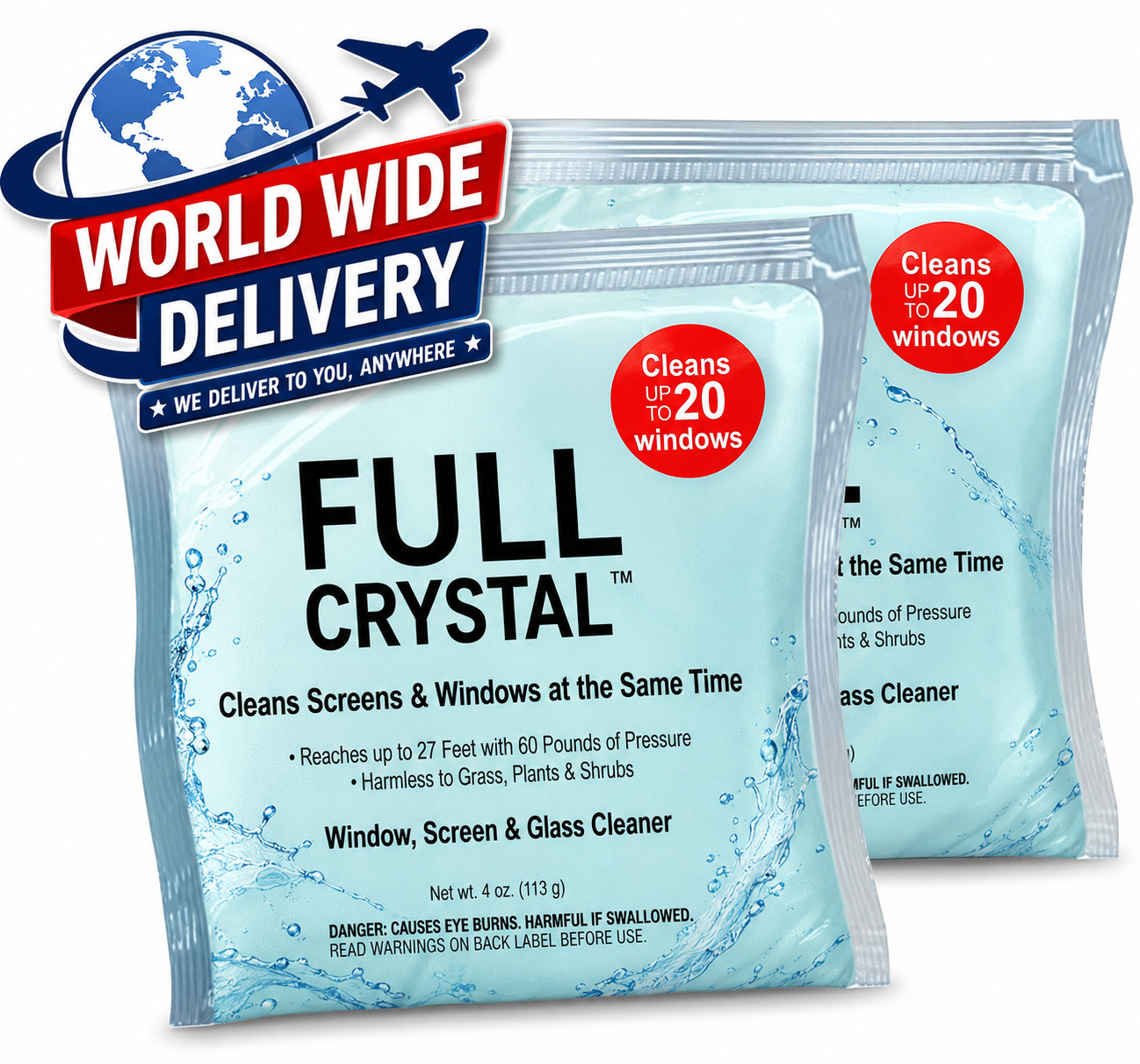 Full Crystal Refill Kit 2 Pack Exterior Window Cleaner Powder Makes 640 fl oz