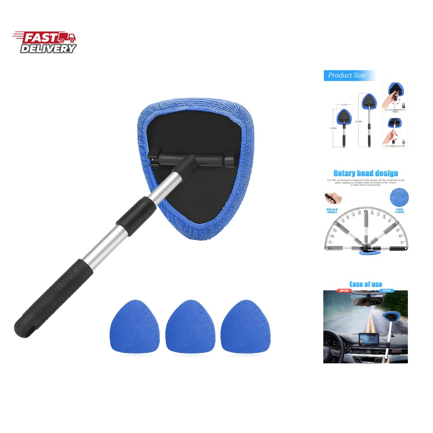 Car Window Cleaner with Extendable Long Handle and 4 Washable Reusable Microf…