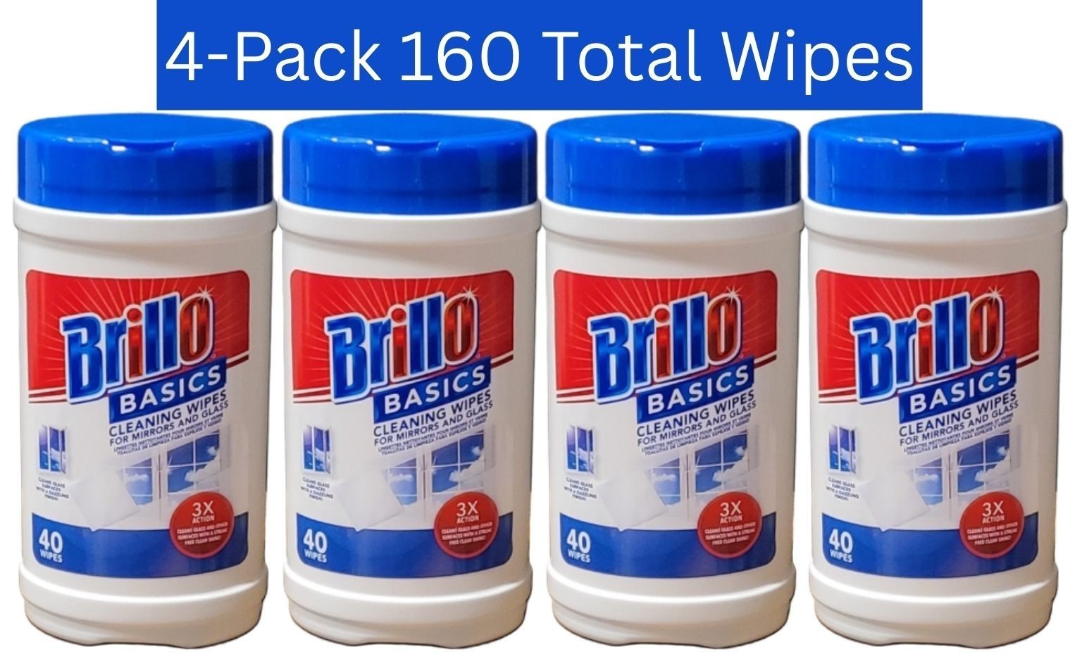 Brillo Basics Glass & Mirror Cleaning Wipes 4‑Pack (160 Total) | Streak‑Free