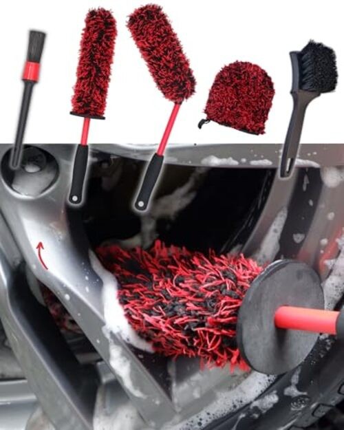 Metal Free Microfiber Wheel Brush Kit- Microfiber Angled 5 Pack (Red & Black)