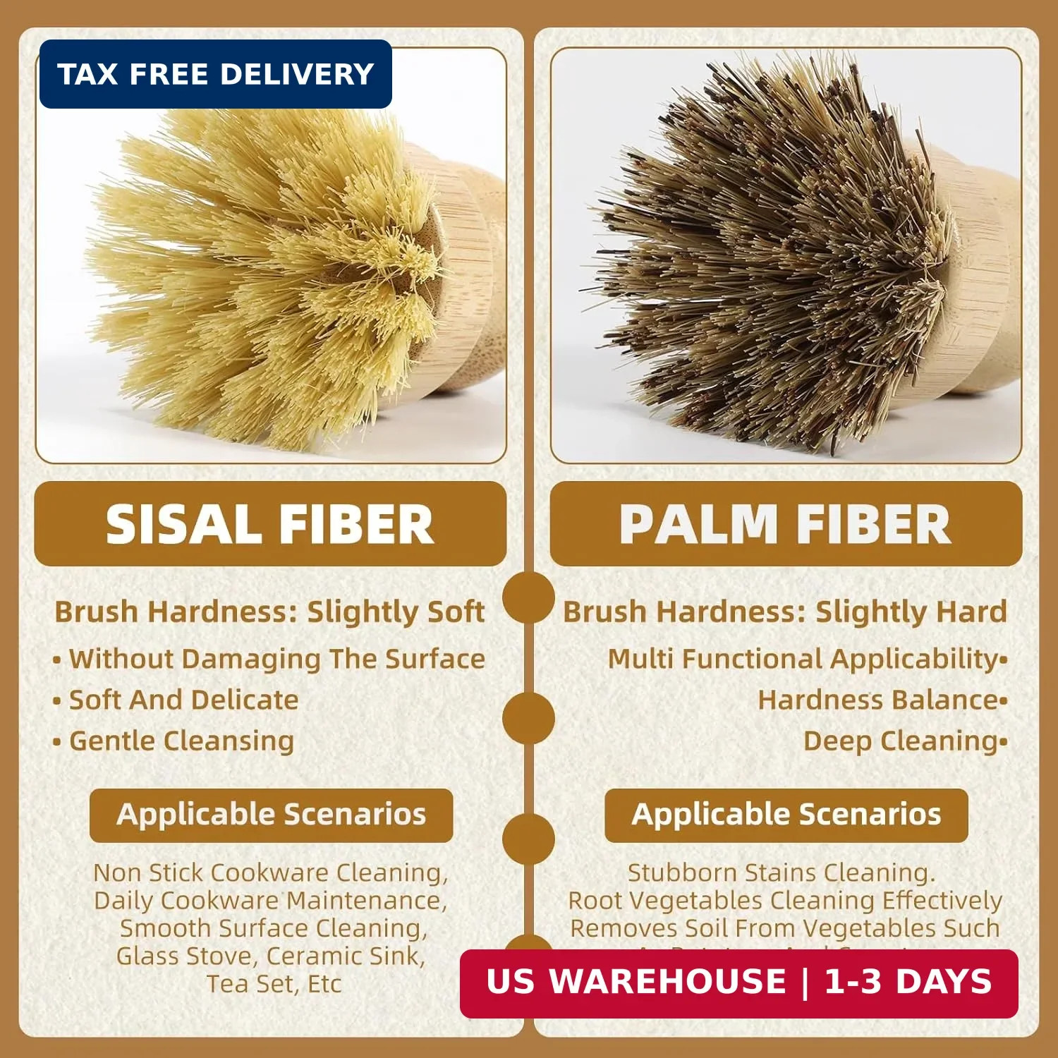 4 Pack Bamboo Dish Brush Set, Natural Palm Dish Scrubber for Pots and Vegetables