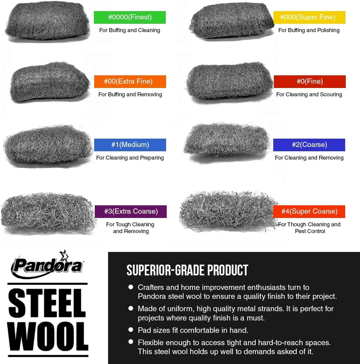 Steel Wool #0000 – Finest Grade, 16 Pads for Buffing and Cleaning – Quality Meta