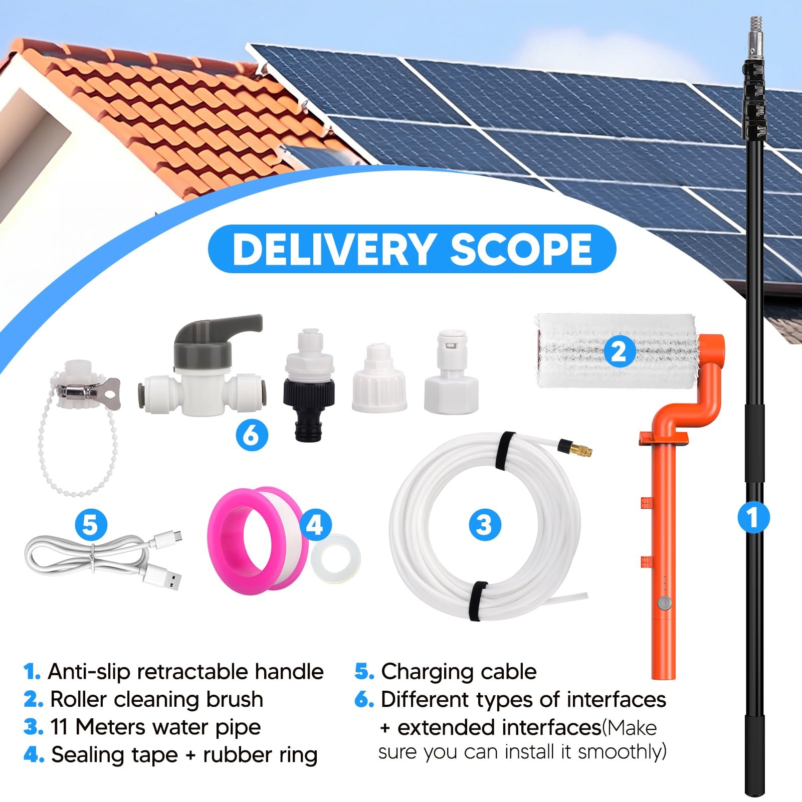 Electric Solar Panel Cleaning Brush and Pole, 20FT Telescopic Cleaning Roller…