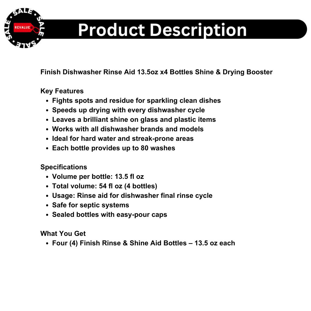 Finish Dishwasher Rinse Aid 13.5oz x4 Bottles Shine & Drying Booster
