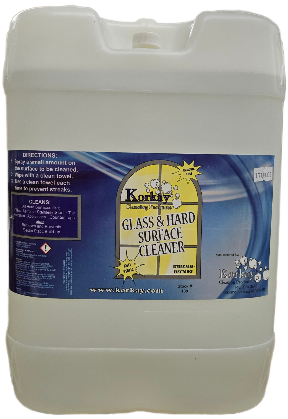 Korkay Glass and Hard Surface Cleaner, 5 gallon Tote