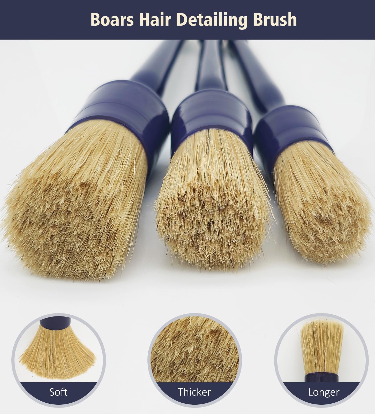 Car Detailing Brush Set, 3 Pack Ultra Soft Boars Hair Detailing Brushes for Leat