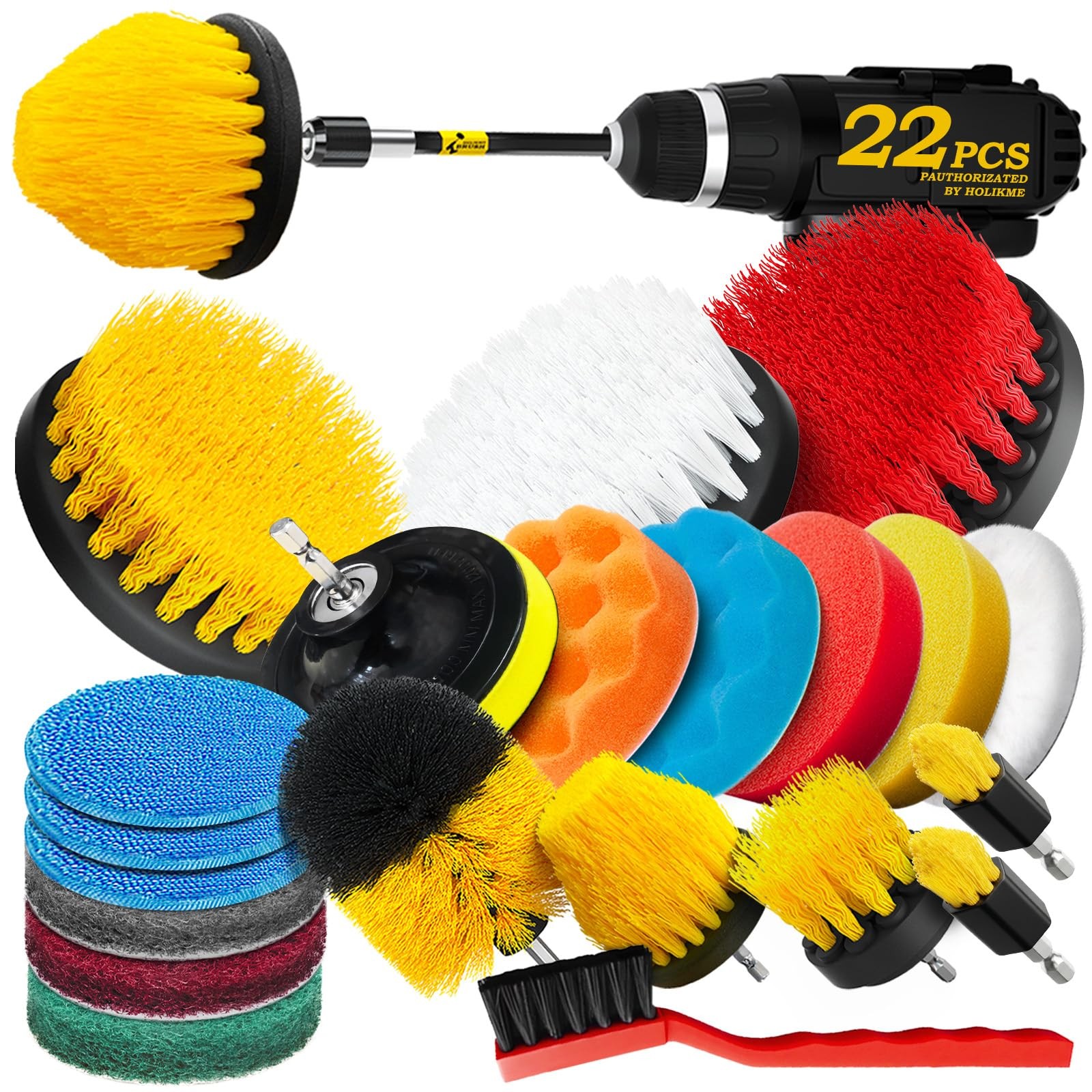 Holikme 22Pack Drill Brush Attachments Set,Scrub Pads & 22pack, Yellow